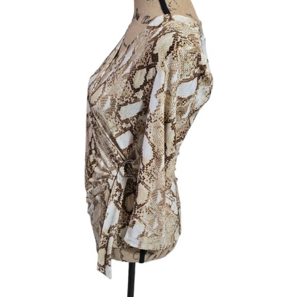 Ralph Lauren Tan & White Snakeskin Surplice Belted Waist Stretch Blouse Size M - Picture 3 of 8